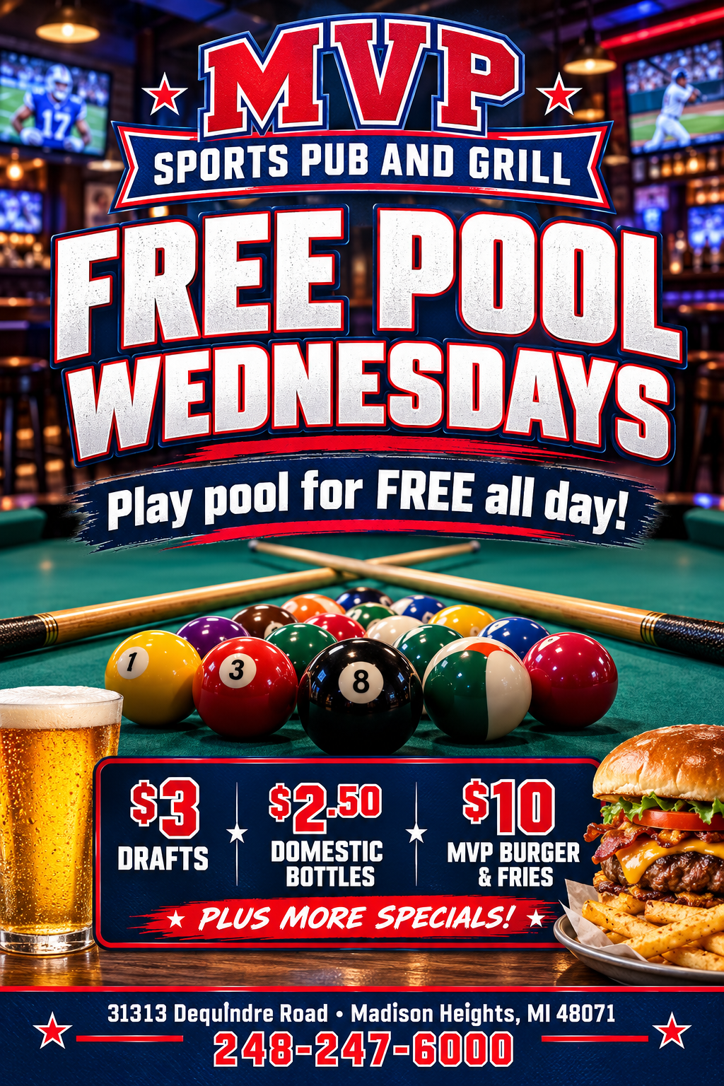 MVP Free Pool Wednesdays flyer